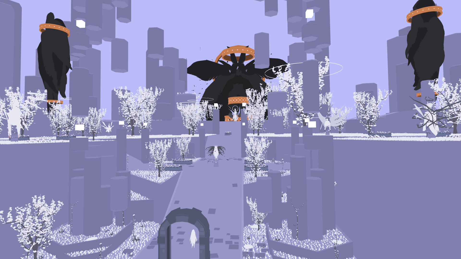 A larger shot of the Pale Garden from a higher position, showing the various huge angel towers