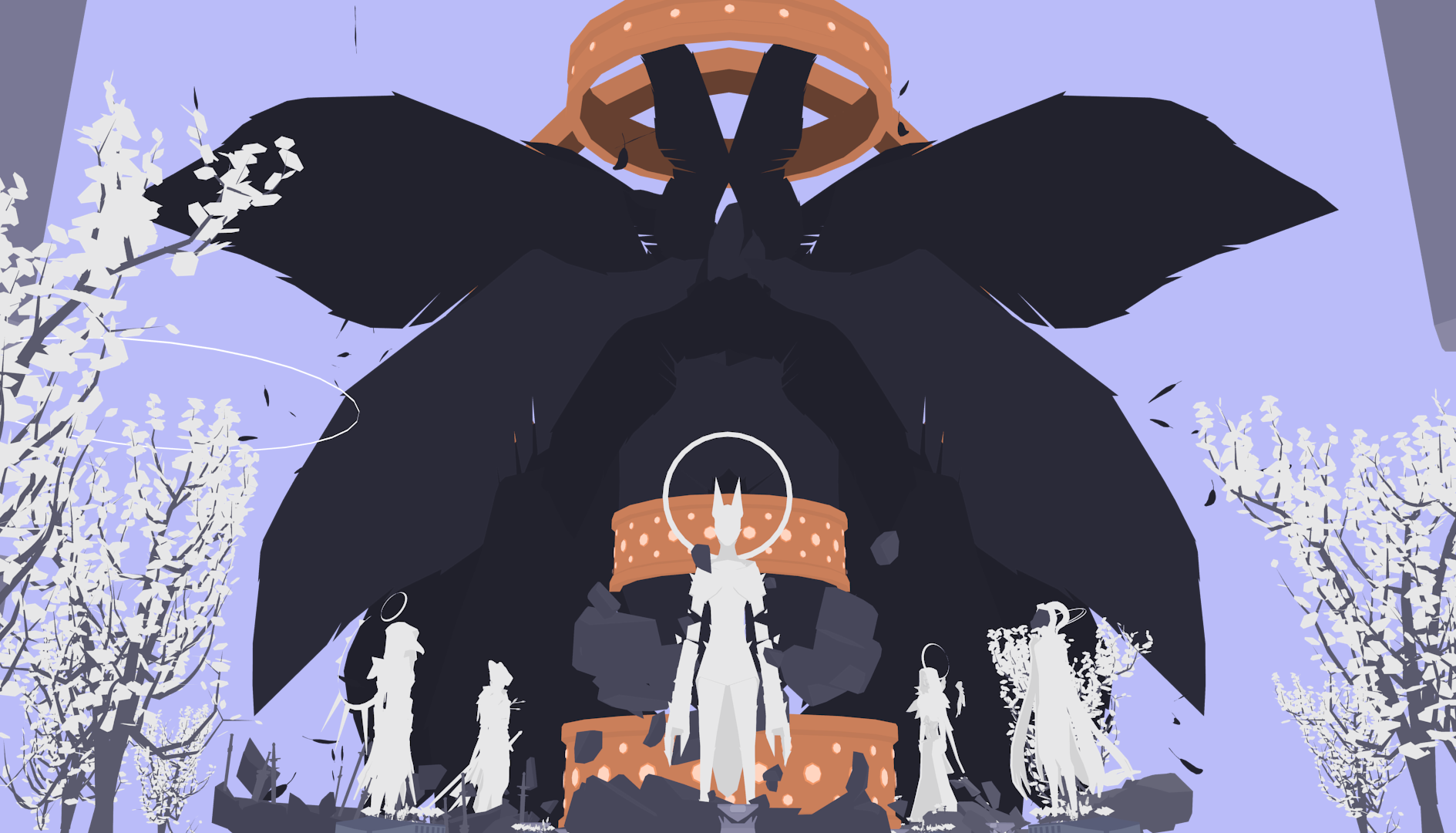 A narrow shot of the various angel statues as close together as the camera fov can get them, with a huge flurry of wings and feathers looming behind them.