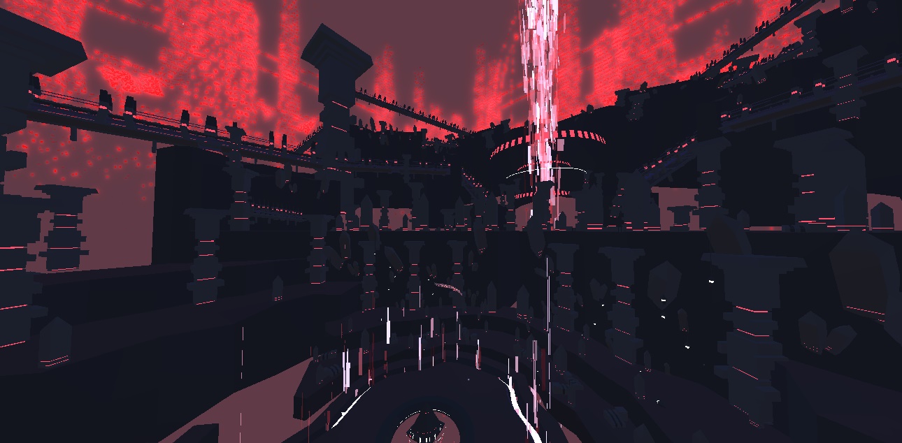 Red, dizzying digital landscape of crystals, towers and bridges